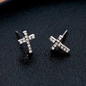 Diamond Cross Silver Tone Stud Earrings
